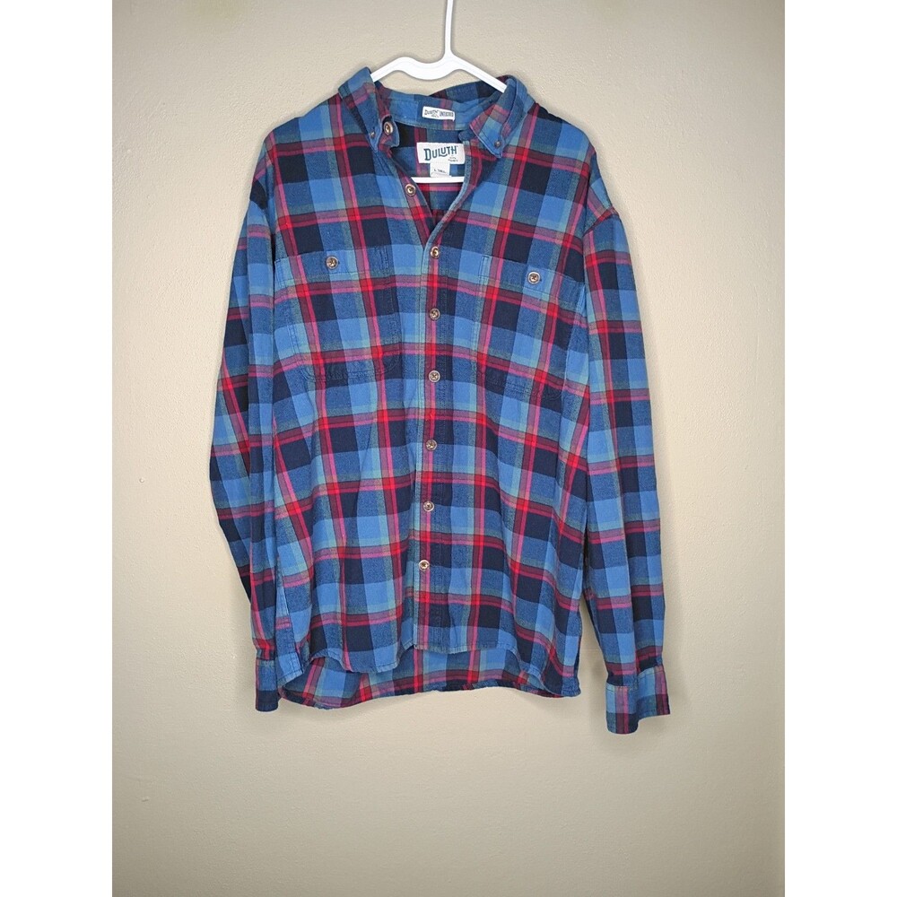Duluth Trading Company Men's Large Tall Flannel Untucked Relaxed Fit Blue Red